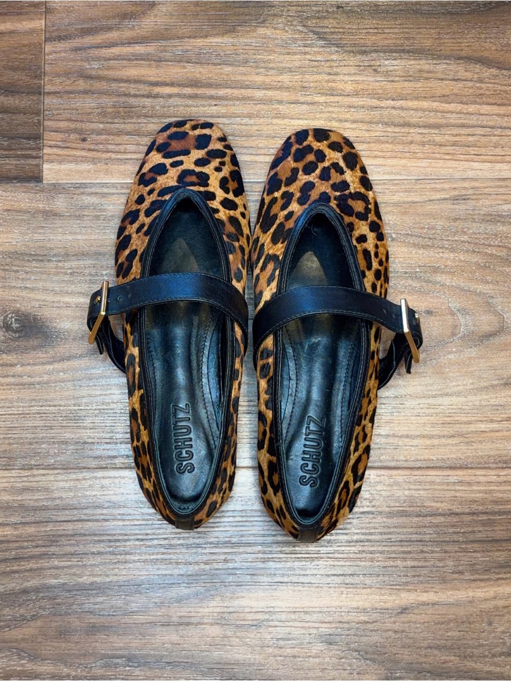 SCHUTZ Leopard-Print Mary Jane Flats with Black Strap and Gold Buckle